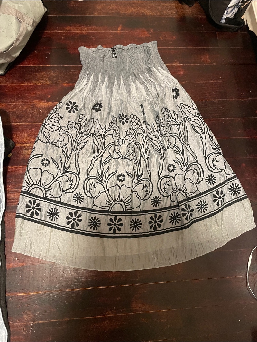 Lapis Smocked Waist Floral Print Maxi Skirt - Black on Light Gray